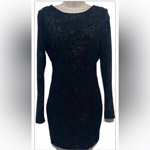 MadRag Juniors Hourglass Sheath Dress Small Black Gold Embellished Long Sleeves